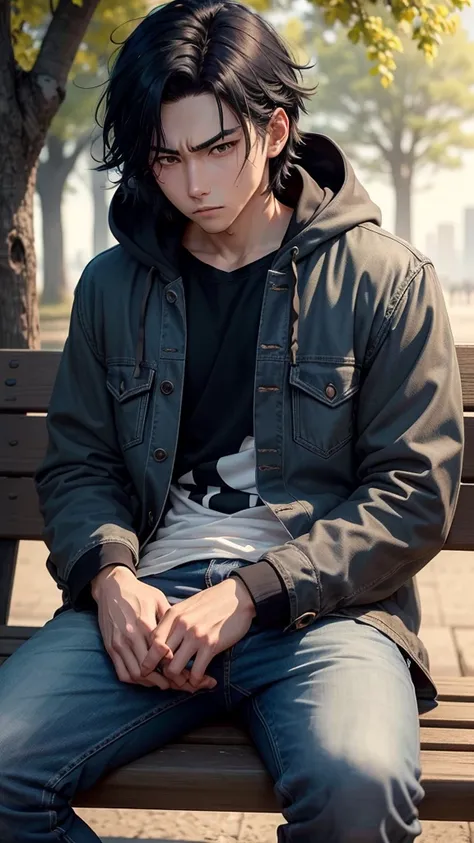 into the image, there is a young anime male sitting alone on a park bench. He has black hair that falls wildly over his forehead and large, expressive eyes that convey a deep melancholy.. His gaze is lost on the horizon, as if absorbed in sad thoughts. You...