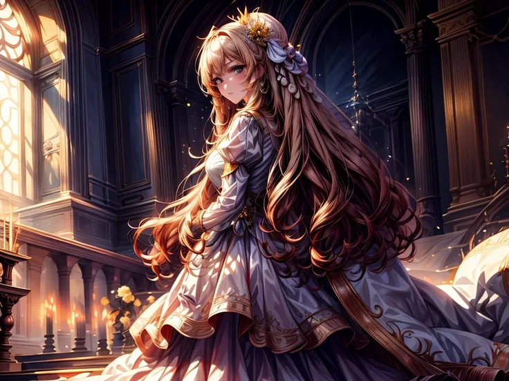 In front of the majestic church altar、（Blurred Background）、Bright light、golden long hair girl、classic white wedding dress、（Elegant luster）、（Lots of races）、Lots of ribbons、((Voluminous puff sleeves))、Long cuffs with lots of buttons、Gold embroidery、Long trai...