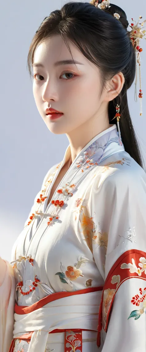 A girl, Chinese Clothing, whole body, Sunlight, Clear face, Clean white background, masterpiece, Super Detail, Epic Composition, Ultra HD, high quality, Extremely detailed, Official Art, 8k wallpaper, Super Detail, 32k