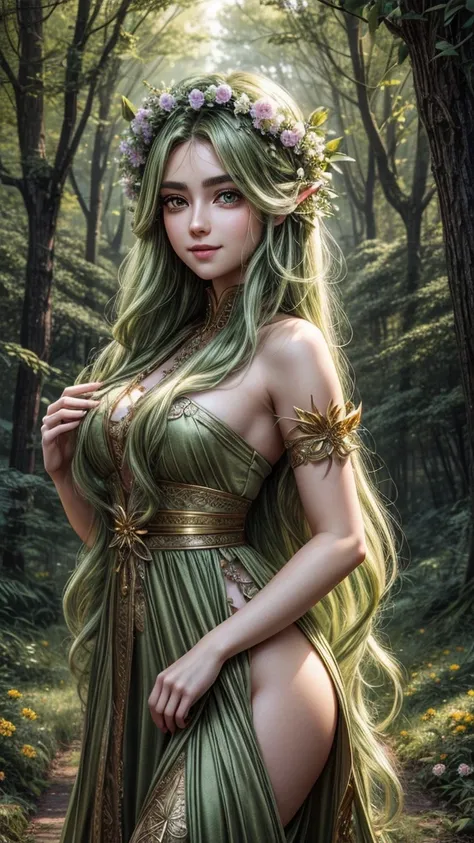 Wallpaper on your phone, better quality, cinematic image, detailed image, fantasy, detailed face, detailed beautiful golden eyes, Beautiful girl, dryad, flowers in hair, high, very long fluffy green hair, long fluffy eyelashes, thick eyebrows, wide hips, p...