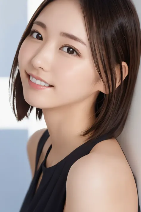 8K highest image quality)、（beautiful）、Yui Aragaki、Accurate Eyes、Fine skin、22-year-old female、Brown eyes、Brown Hair、looking at the camera、Completely naked、Semi-short hair、Smile、bangs、Full view of 、Shoot from above、Nipples