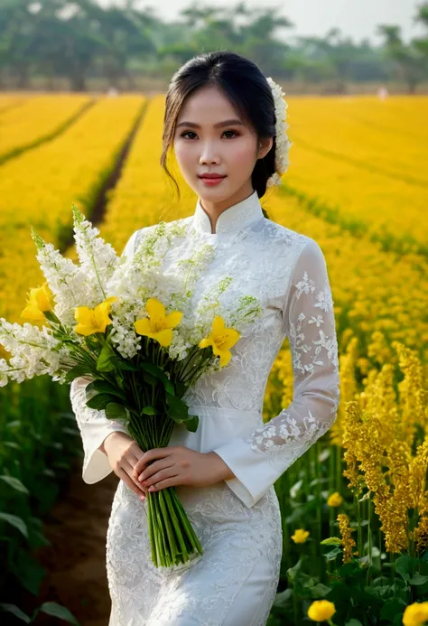 a beautiful Vietnamese girl in a thin white ao dai, masterpiece, best quality, authentic: 1.3, in a flower field, holding a bouquet, sunshine, backlight