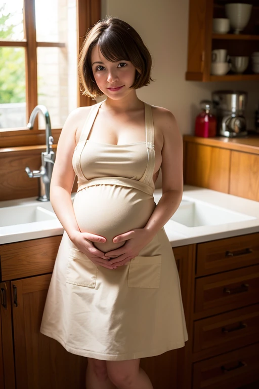 ((Highest quality)), ((masterpiece)), (detailed), One girl, nude,Pregnant women,Apron from the waist down,short hair,