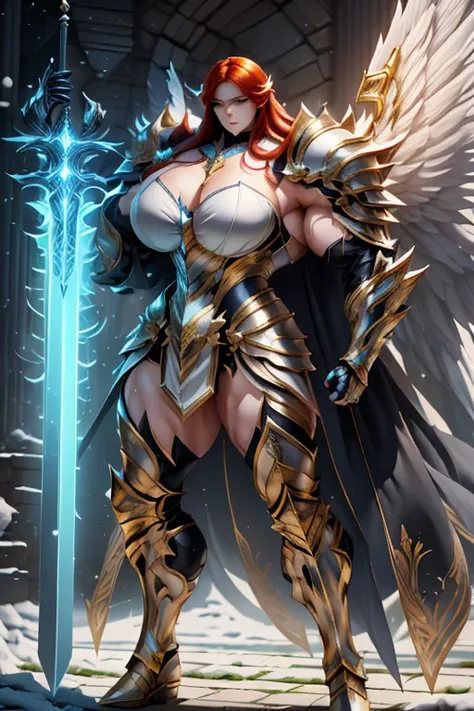 ((Massive beautiful, buff, pale white skinned muscular paladin asian woman with red hair, giant angel wings, black lipstick, ginormous bulky muscles, carrying a giant sword and wearing angel white paladin knight armored with a long tiered skirt)), ((close ...