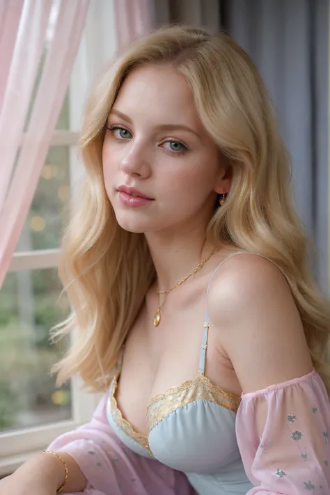 Prompt: **Analog photography of a blonde curvy girl, 18 years old, with emerald eyes, soft makeup, and bold pink-puffy lips. Her gold blonde hair( very wavy hair frames her very pale skin)** Highlighting her huge round breasts, she is dressed in a lingerie...