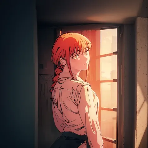 illustrations with striking red, red is emphasized, sunset, The viewers eye is drawn to the womans red hair. the light of the sunset shining through the window, anime girl, Makima, this woman has a wonderful, soft appearance and a calm, soft and gentle smi...