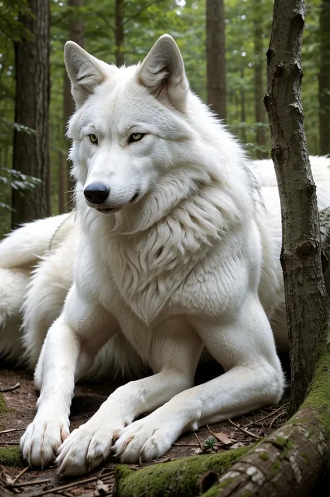 there is a white wolf laying down in the woods, white wolf, a white wolf, photo of wolf, wolp, white wolf with blue eyes, wolf, looking majestic in forest, great wolf, goldenwolf, wolves and their treasures, furry wolf, wolf portrait, wolves, portrait of a...