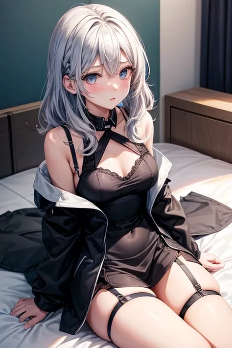 One adult woman,銀hair,Medium_hair,巻きhair,blue_eye,black_Cami dress,black_garter belt,Wearing a white coat,bed,Sitting,Health Room,,flat chest,sexy,blush