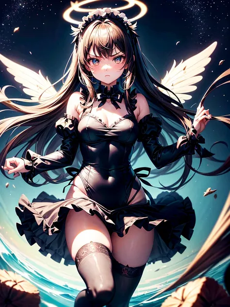 Highest quality,Highest Resolution,Beautiful girl with angry face in maid leotard,Frills,High leg,(((Floating in the air))),Halo,universe,Milky Way,Very beautiful eyes,(((Black angel wings on the back))),whole body,front,long hair,Shoot a bow,Knee-high sto...