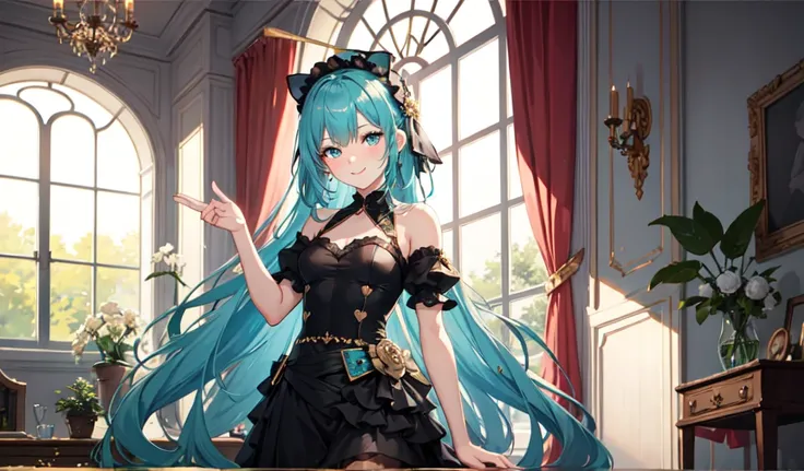 Draw a single woman. Create a high-quality anime image of a beautiful female character with long, flowing aqua-green hair adorned with white flowers. She has large, sparkling blue eyes and a gentle smile with a slight blush on her cheeks. The character wea...