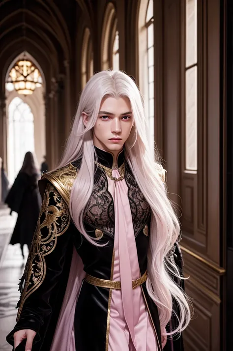 Create an image: Male character, nineteen years old, delicate features, long platinum hair, violent eyes, light skin with some pink details on his skin, some light veins can be seen, richly black velvet clothing with golden Myrish lace, scenery walking thr...