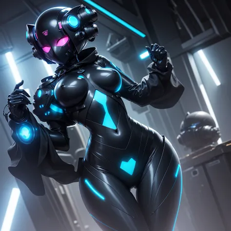 Dronificated unknown woman in a fully enclosed black latex fullbody suit with blue lights across the suit and heart shaped glowing core in the chest, fully enclosed cyber helmet that cover her whole face and hides her identity with only two glowing blue li...