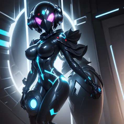 Dronificated unknown woman in a fully enclosed black latex fullbody suit with blue lights across the suit and heart shaped glowing core in the chest, fully enclosed cyber helmet that cover her whole face and hides her identity with only two glowing blue li...