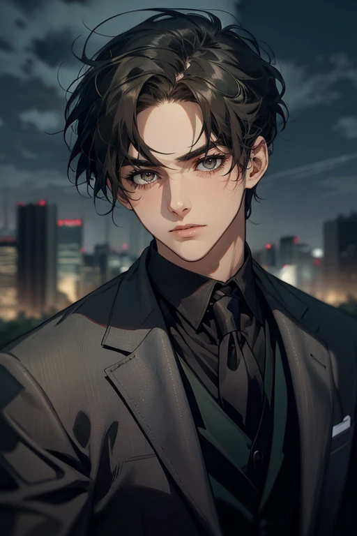 ((One man with a black suit and tie)), gotham, 1980s, alejandro, (((one-side swept black short hair))), (dark green eyes and thick eyebrows), smirk, ((20 years old)), ((masterpiece)), posture dynamic,