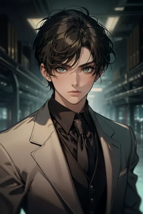 ((One man with a black suit and tie)), gotham, 1980s, alejandro, (((one-side swept black short hair))), (dark green eyes and thick eyebrows), smirk, ((20 years old)), ((masterpiece)), posture dynamic,