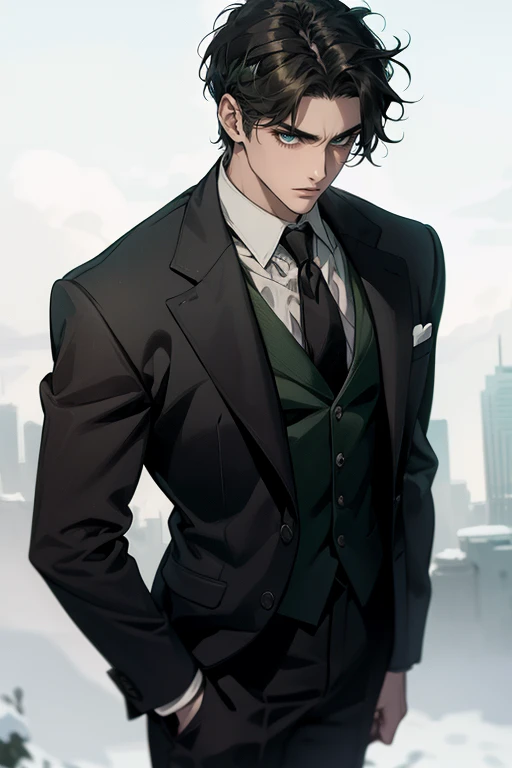 ((One man with a black suit and tie)), gotham, 1980s, alejandro, (((one-side swept black short hair))), (dark green eyes and thick eyebrows), smirk, ((20 years old)), ((masterpiece)), posture dynamic,