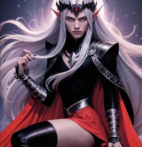 American classic comic book art: Malekith, lilac delicate dark young boy with lilac skin, long very straight platinum hair, black tiara with a pointed on the forehead, half black half red elf wizard outfit medieval, metal shoulder pads, metal bracelets, bl...