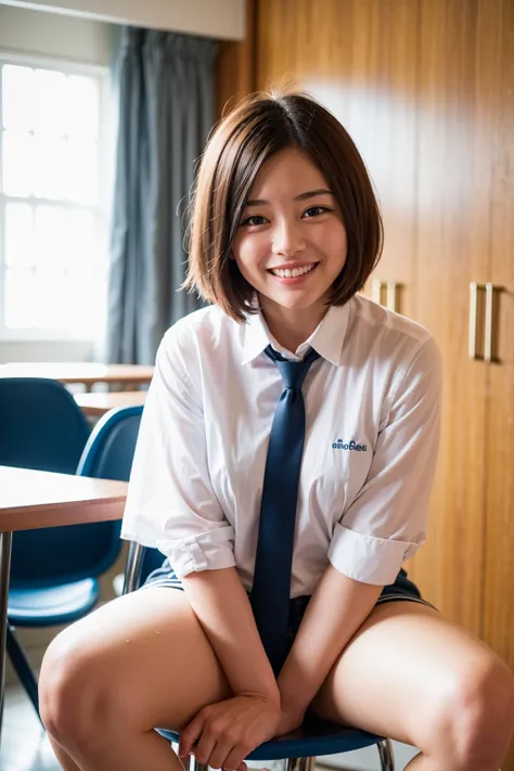 Top quality, 1 beautiful woman, super short Hair , Giddy Smile, mini Skirt, spread legs, at school 