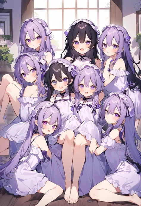 Keito。Black Hair。Purple Swimsuit。Purple Eyes。barefoot。6 sistery eldest daughter has lavender hair.。all female。Sextuplets