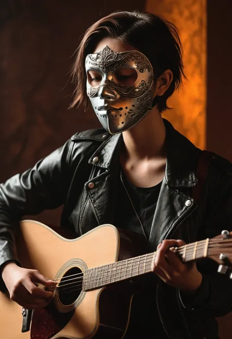 aesthetic tomboy playing guitar with a mask