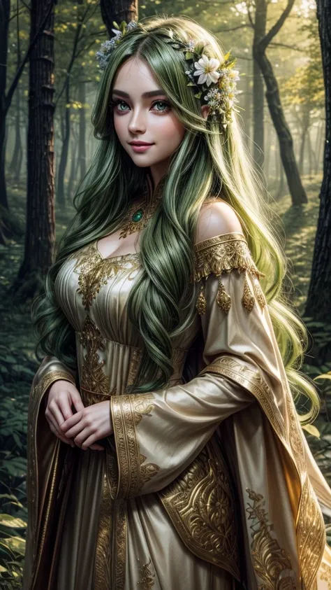 Wallpaper on your phone, better quality, cinematic image, detailed image, fantasy, detailed face, detailed beautiful golden eyes, Beautiful girl, dryad, богиня природы, лесная дева, flowers in hair, high, very long fluffy green hair, long fluffy eyelashes,...