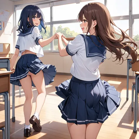 landscape,ultra-detailed, best quality, super fine illustration,full body,very cute,2girl,multiple girls,smile,(fang:0.8),from behind,
((lifting up friends skirt)),((dark blue hair) and (white panties)),((brown hair) ,serafuku,mini skirt,classroom,shoes