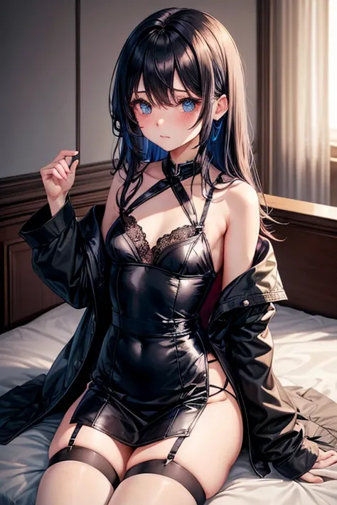 One adult woman,銀hair,Medium_hair,巻きhair,blue_eye,black_Cami dress,black_garter belt,Wearing a white coat,bed,Sitting,,flat chest,sexy,blush,Small ,,Small breasts