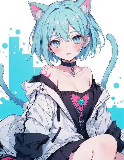 tattoo, whole body, blush, smile, ((masterpiece, Highest quality:1.5)), ((Beautiful and detailed cat aqua eyes:1.2)), Cat ear, Pale skin, Medium chest, Sitting,Bobcut、