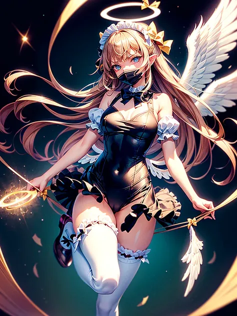 Highest quality,Highest Resolution,Beautiful girl with angry face in maid leotard,Frills,High leg,(((Floating in the air))),Halo,universe,Milky Way,Very beautiful eyes,(((White angel wings on the back))),whole body,long hair,(((Shoot a bow))),Knee-high sto...