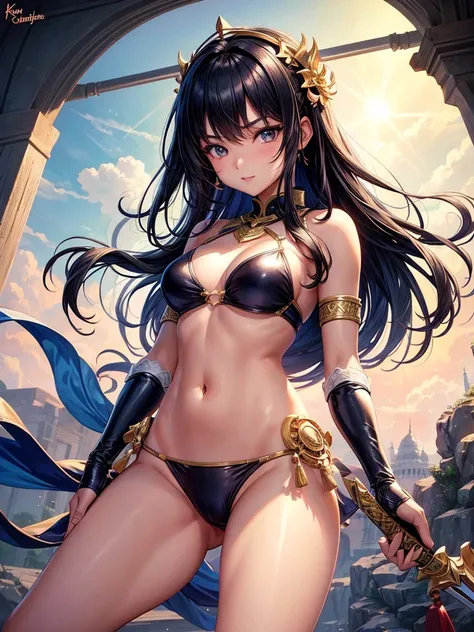 Beautiful Asian girl, 18 years old, light bikini knight girls, sexy lady, medium breasts, camel toe, long sword,