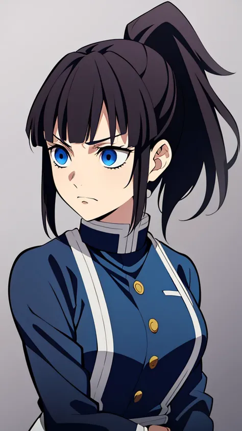 1 mature girl, blue eyes, long dark brown hair in ponytail, bangs, kimetsu no yaiba style, holding sword, annoyed expression, demon slayer corps uniform, black outfit