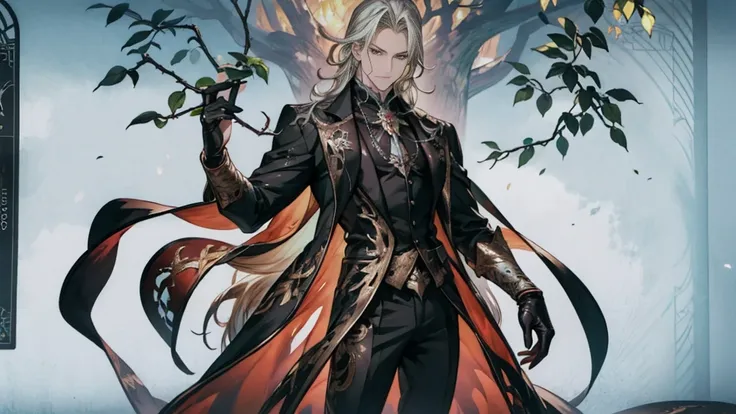 man,Tall figure,muscle,Bioengineered human-tree hybrid,look at viewer,Tangled branches for hair,bark surface,tree face,bark face,สวมใส่ชุดBlack suit,ชุดBlack suit,Black suit,leaves spring from the body,Standing in the desolate ruins,There is moss and vines...