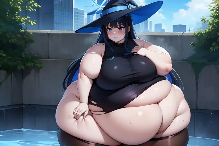 saori joumae, blue eyes, blue hair, halo, long hair, massive breasts, wide hips, torn clothes, massive hips, fat bare arms, wet, sweaty, tired, fat face, fat neck, double chin, witch hat, fantasy city, outdoors, cityscape, black clothes:1.4