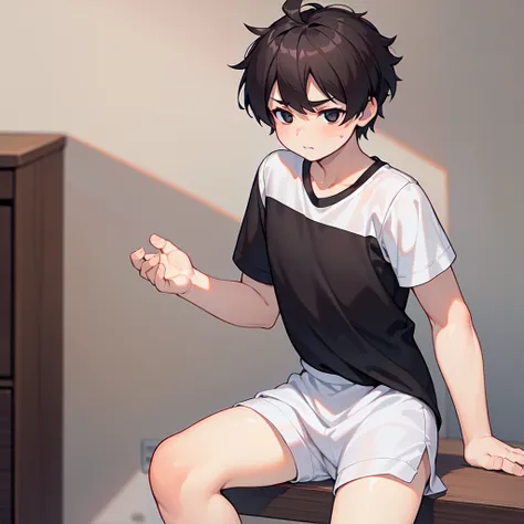 (8k, RAW Photo, Best Quality, Masterpiece:1.3),(Real,Photo:1.37),(Black Hair),Pose,1girl,Very Beautiful Face,Cute,(Small),(Put Your Hands Down))),Poggy Hairstyle,Random Expression,(White T-shirt),JK_style,(Track Shorts) ,Black Hair,(Age 19),Modest,Five Fin...