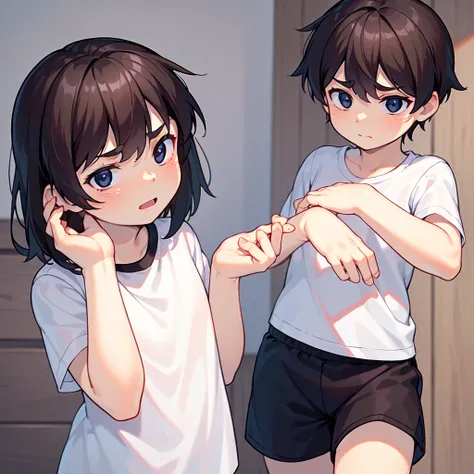 (8k, RAW Photo, Best Quality, Masterpiece:1.3),(Real,Photo:1.37),(Black Hair),Pose,1girl,Very Beautiful Face,Cute,(Small),(Put Your Hands Down))),Poggy Hairstyle,Random Expression,(White T-shirt),JK_style,(Track Shorts) ,Black Hair,(Age 19),Modest,Five Fin...