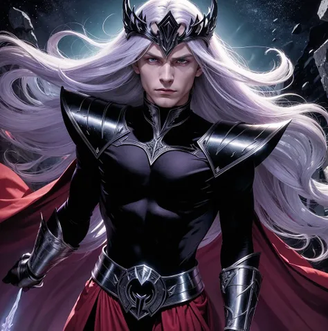 American classic comic book art: Malekith, lilac delicate dark young man with lilac skin, long very straight platinum hair, black tiara with a pointed on the forehead, half black half red elf wizard outfit medieval, metal shoulder pads, metal bracelets, bl...