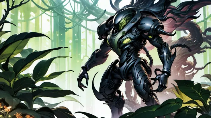 man,Tall figure,muscle,Bioengineered human-tree hybrid,look at viewer,Tangled branches for hair,bark surface,tree face,bark face,สวมใส่ชุดBlack suit,ชุดBlack suit,Black suit,leaves spring from the body,Standing in the desolate ruins,There is moss and vines...