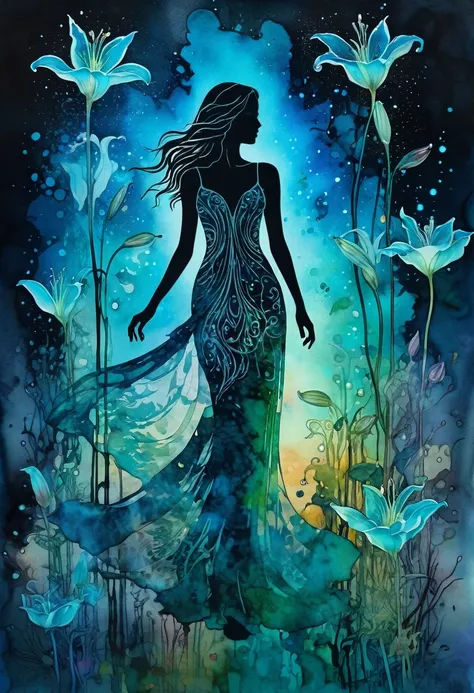 Double exposure, Mixed media, beautiful  bioluminescent elusive full length ghostly image of an elusive transparent silhouette of a dreamy lady, blending into a celestial realm of beauty and mystery, alcohol ink, surrounded by an aura of beauty and chaos, ...