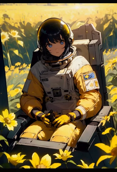 (masterpiece, best quality),cinematic composition, letterboxed, depth of field, solo focus, astronaut sitting in a field of yellow flowers with resting on the ground, gloves, yellow flower, black gloves, spacesuit, science fiction, sunlight, black hair, bl...