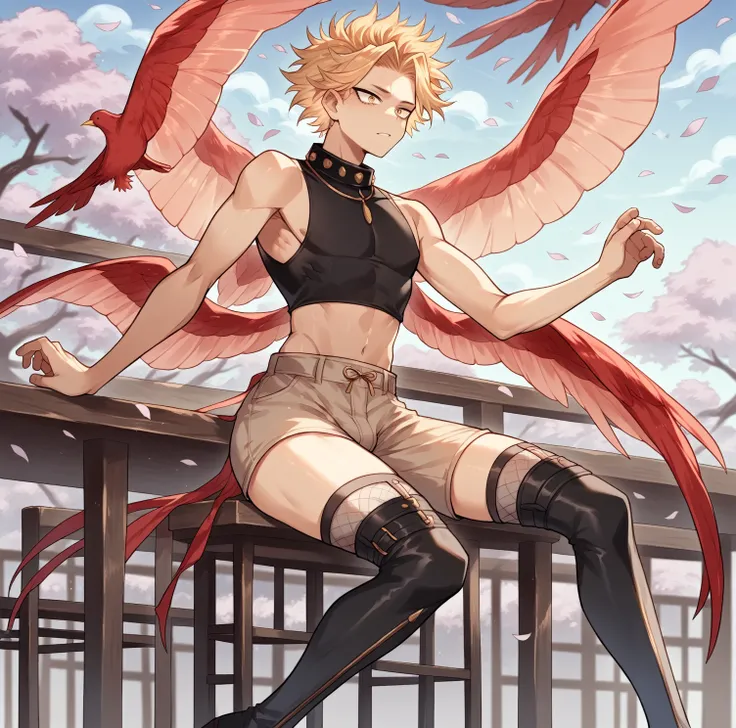 [1], alone, chico submissive delicate, gay blonde, slicked back hair with two front strands, gold eyes, red bird wings on its ba...