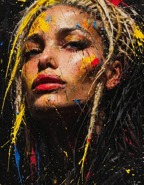 impactful paint of a beautiful dutch woman with blond dreadlocks, high contrast, high saturated, , vivid deep blacks, crystal cl...