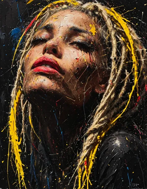 impactful paint of a beautiful dutch woman with blond dreadlocks, high contrast, high saturated, , vivid deep blacks, crystal cl...