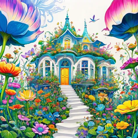 (masterpiece, best quality:1.2), psychedelic art，creative illustration，flower house，white background