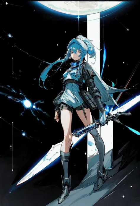 ((science fiction space fantasy)), A badass tall woman, an art of a female character standing amidst a galactic battlefront, (A female commander), ((a leader of a fleet of intergalactic armies)), White high ponytail with a glowing light blue highlights at ...