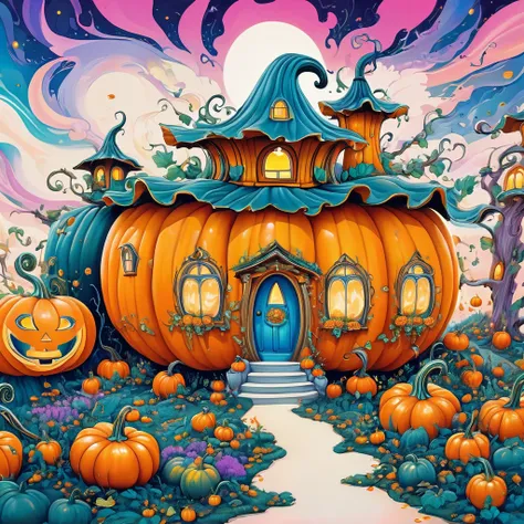 (masterpiece, best quality:1.2), psychedelic art，creative illustration，pumpkin house，white background