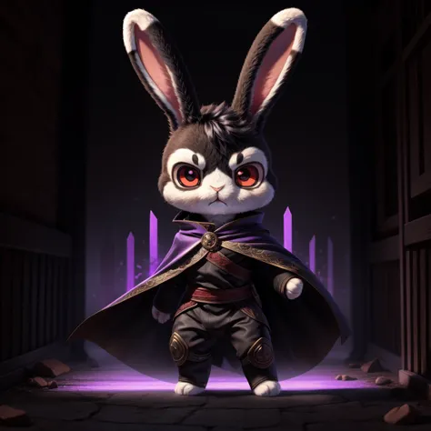 [Character Discovery] [SFW] The artist generate portrait fullbody, solo, (Black feral rabbit:1.7, chibi:1.8), best quality, ultra high res,1furry boy, detailed eyes, volumetric lighting, amazing, finely detail, black cloak with shadow effect on cloak, red ...