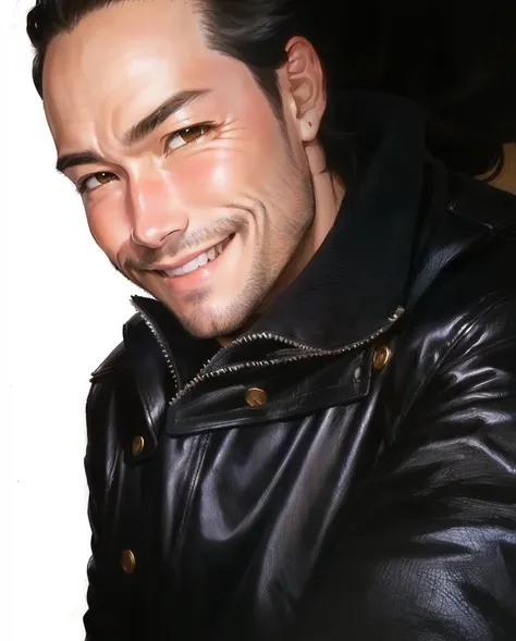 a determined man smiling  in a black leather jacket, very very low quality picture, drawn like an anime from the seventies, kuni...