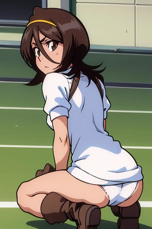 tennis girls massive rear butt cheeks out of bottomless slutty mini sweater out bare and brown boots, kneeling, wearing oven mittens behind head, blindfold
