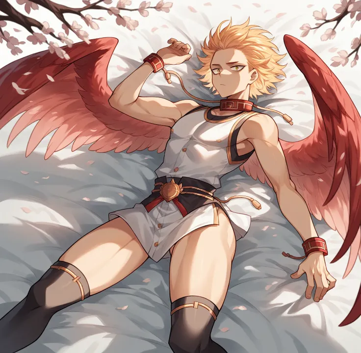 [1], alone, chico submissive delicate, gay blonde, slicked back hair with two front strands, gold eyes, red bird wings on its ba...