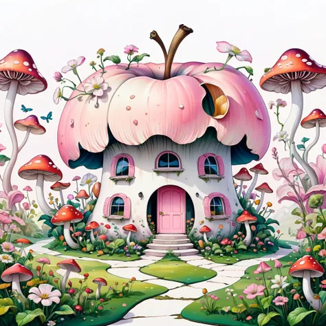 (masterpiece, best quality:1.2), psychedelic art：1.5，creative illustration：1.5，minimalism：1.5. apple peel building，landscape in ...